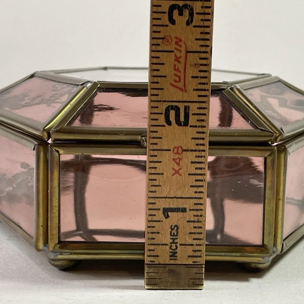 Vintage Purple Glass Jewelry Box Etched Flower Mirrored Brass Base Hexagon